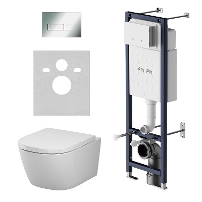 Унитаз подвесной с инсталляцией AM.PM Libre IS110351.601900 сиденьем микролифт, черной механ. клавишей