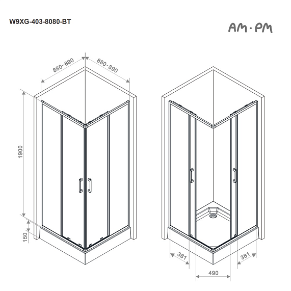 Душевое ограждение без поддона 90x90 AM.PM Above W9XG-403-9090-BT профиль черный-15