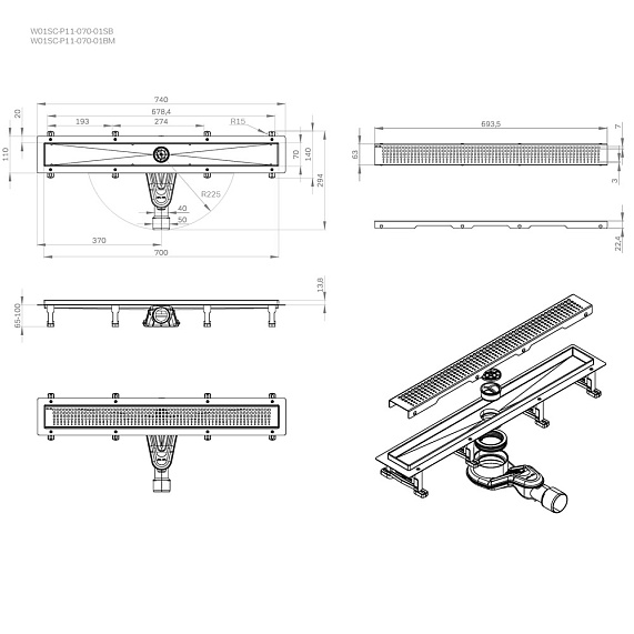 Душевой трап (лоток) 70 AM.PM MasterFlow W01SC-P11-070-01BM комбинированный затвор с черной матовой решеткой-11