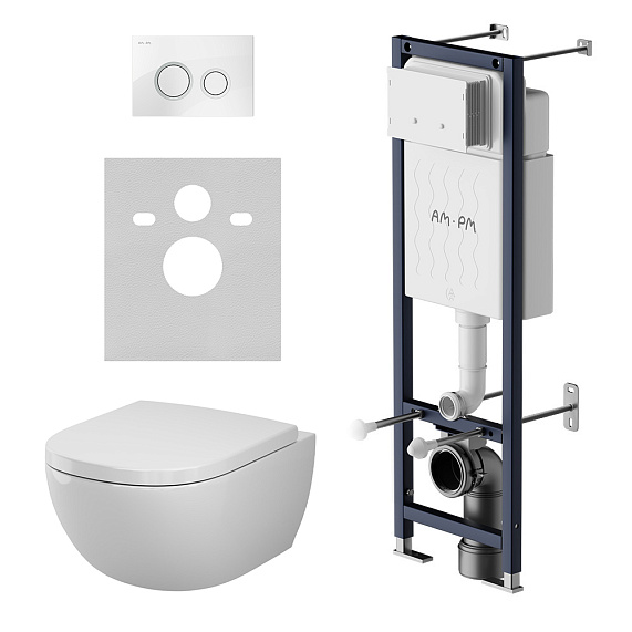 Унитаз подвесной безободковый с инсталляцией AM.PM Above IS110101.9X1900 сиденьем микролифт, белой механ. клавишей 