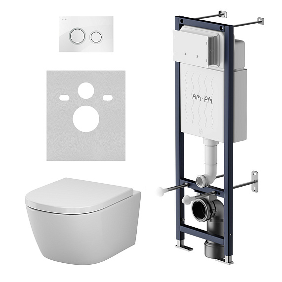 Унитаз подвесной с инсталляцией AM.PM Libre IS110101.601900 сиденьем микролифт, белой механ. клавишей