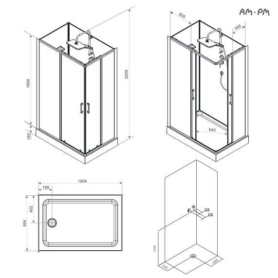 Душевая кабина 120x80 AM.PM Above W9XC-403-12080BT профиль черный матовый, низкий поддон-13