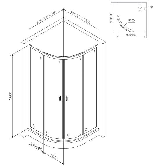 Душевой уголок с поддоном 80x80 AM.PM X-Joy W88G-205-080BT профиль черный матовый