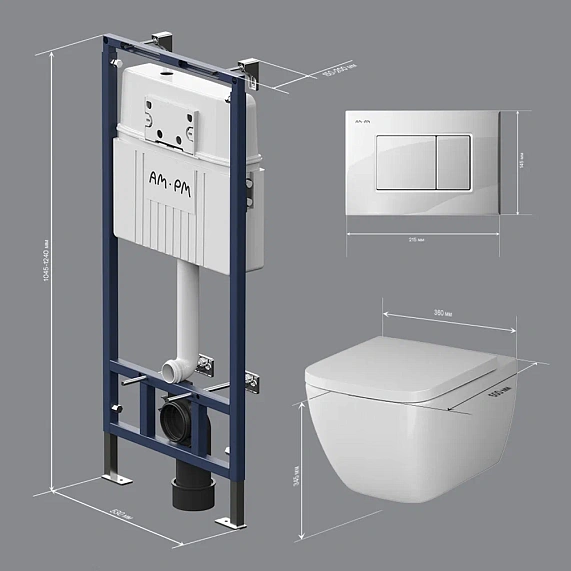Унитаз подвесной безободковый с инсталляцией AM.PM Gem IS100201.901701 сиденьем микролифт, белой механ. клавишей-9