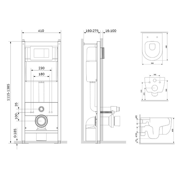 Унитаз подвесной с инсталляцией Damixa Sirius DX86.IS10151.1700 безободковый, сиденьем микролифт, механ. клавишей, белый