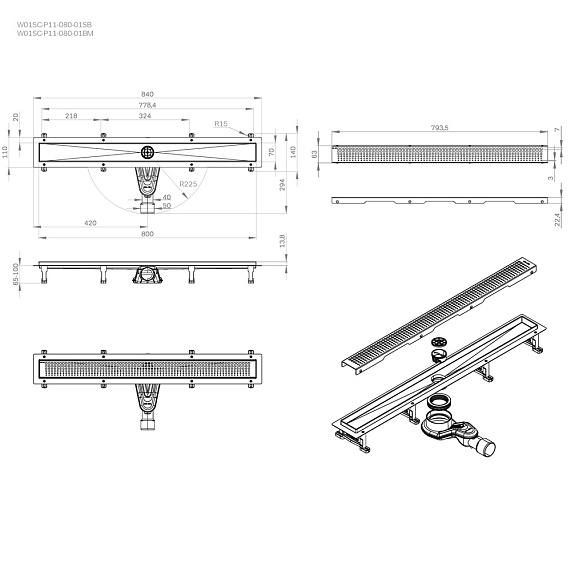 Душевой трап (лоток) 80 AM.PM MasterFlow W01SC-P11-080-01BM комбинированный затвор с черной матовой решеткой-11