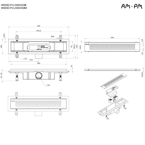 Душевой трап (лоток) 40 AM.PM PrimeFlow W02SC-P11-040-01BM комбинированный затвор с черной матовой решеткой-11