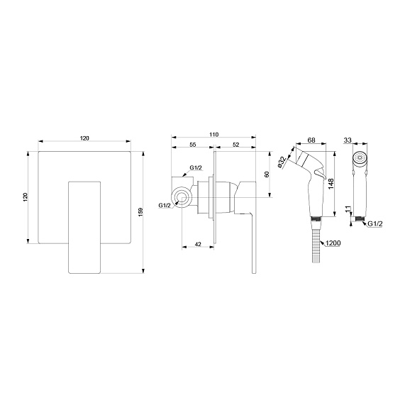 Гигиенический душ со смесителем Damixa Gala 537510000 хром встраиваемый, шланг 1200, держатель-2