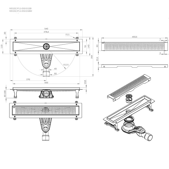Душевой трап (лоток) 50 AM.PM MasterFlow W01SC-P11-050-01BM комбинированный затвор с черной матовой решеткой-11