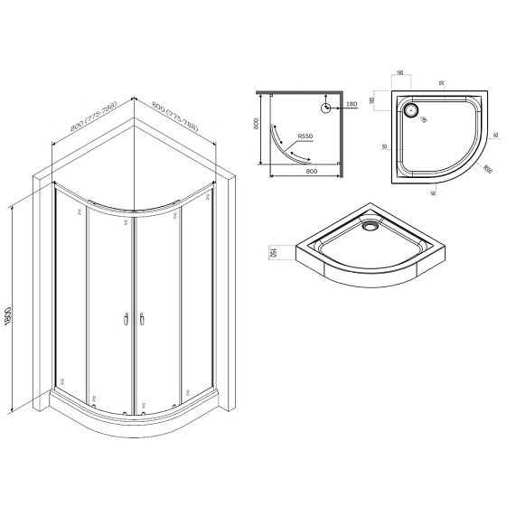 Душевой уголок c поддоном 80x80 AM.PM X-Joy W88E-205-080BT64 прозрачное стекло, профиль черный матовый-6