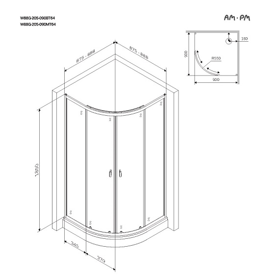 Душевой уголок с поддоном 90x90 AM.PM X-Joy W88G-205-090MT64 прозрачное стекло, профиль серебристый