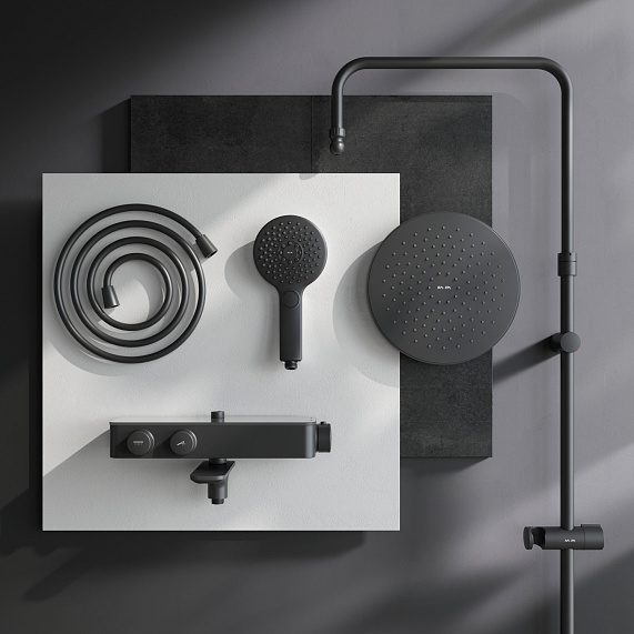 Душевая система AM.PM Inspire 2.0 F0750A522 стойка с тропическим душем, термостатом, смесителем, изливом, черная матовая-11