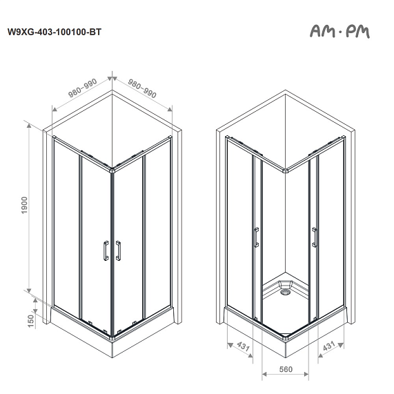 Душевое ограждение без поддона 100x100 AM.PM Above W9XG-403-100100-BT профиль черный-15