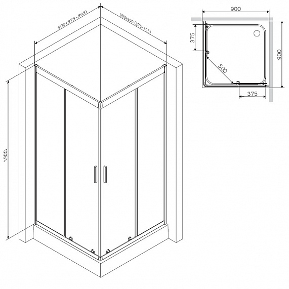 Душевой уголок с поддоном 90x90 AM.PM Gem W90G-403-090MT прозрачное стекло, профиль серебристый