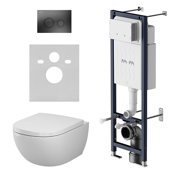 Унитаз подвесной безободковый с инсталляцией AM.PM Above IS110138.9X1900 сиденьем микролифт, черной механ. клавишей 