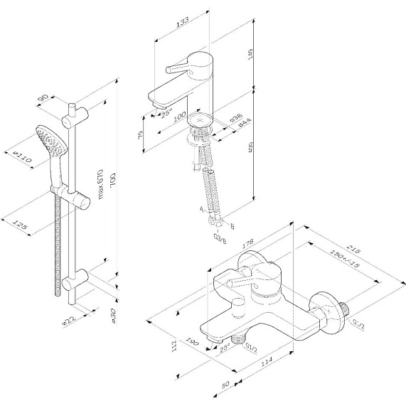 2 смесителя с душевой лейкой AM.PM X-Joy S F40985B00 в наборе, шланг 1750, хром